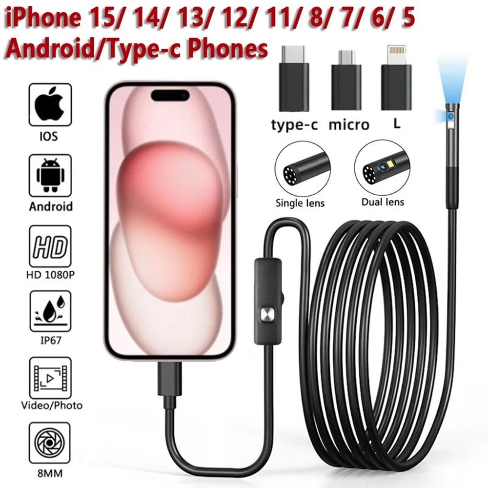 1080P 8mm Borescope Endoscope Camera For IPhone And TypeC Android Flexible Automotive Inspection Ca 0