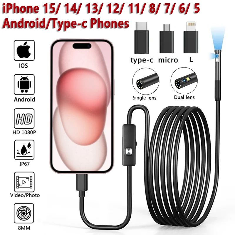 1080P 8mm Borescope Endoscope Camera For IPhone And TypeC Android Flexible Automotive Inspection Ca 0