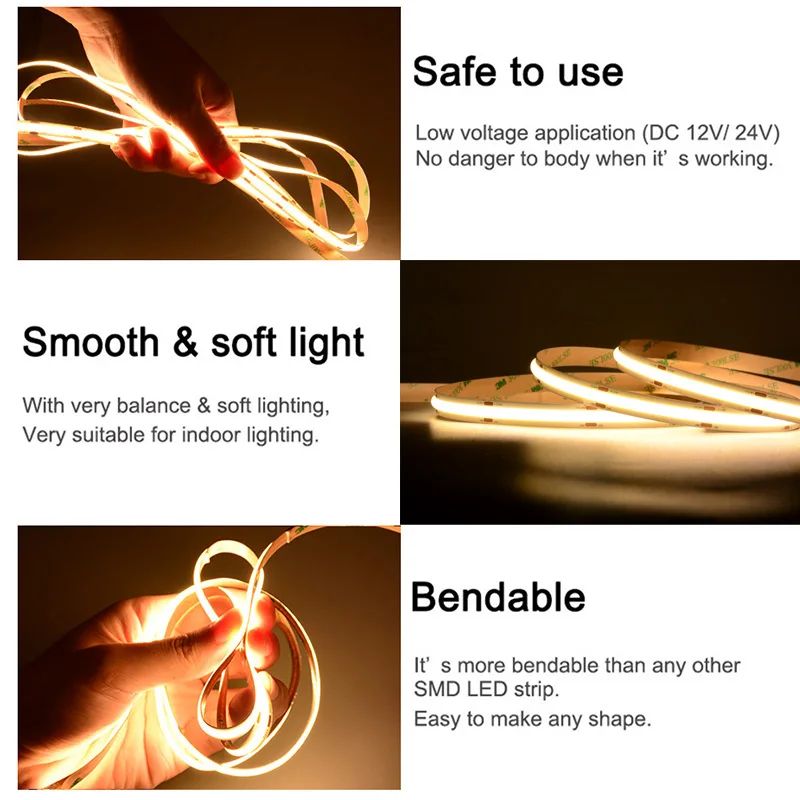 UL Listed HighDensity COB LED Strip Lights 164ft Flexible Dimmable Tape CRI 90 3000K6500K DC12V24V 4