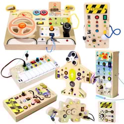 montessori busy board steering wheel dashboard with lights & switches - portable driving activity toy