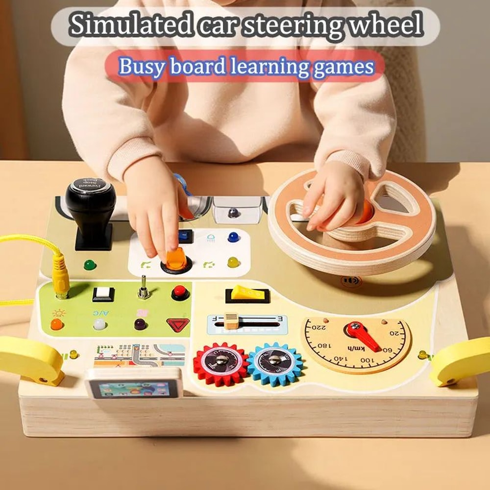 Montessori Busy Board Steering Wheel Dashboard With Lights Switches Portable Driving Activity Toy 1