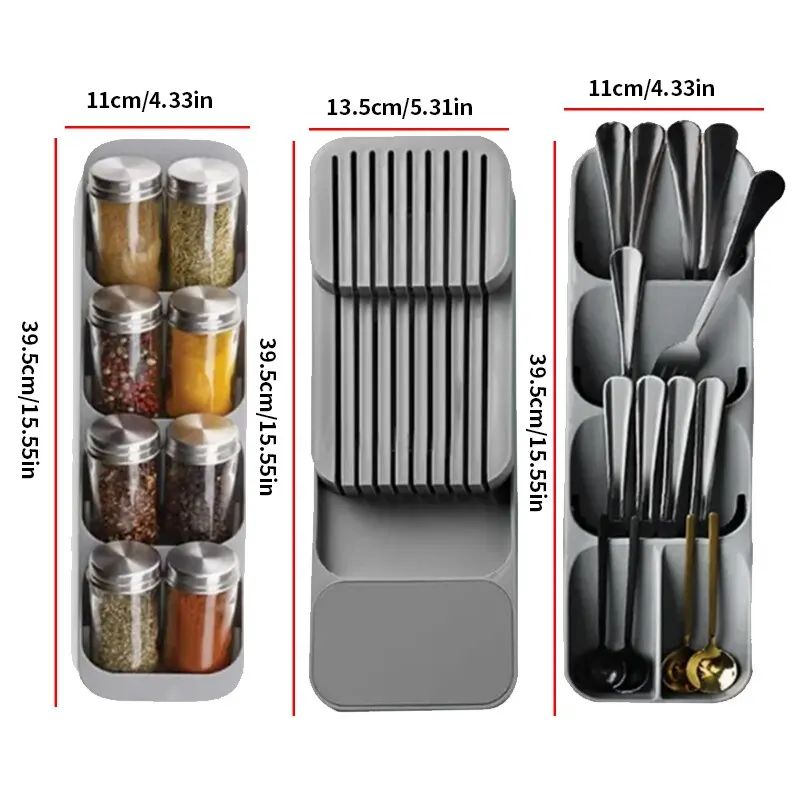 Expandable Kitchen Drawer Organizer Cutlery Tray With Knife Holder And Spice Bottle Slots 5