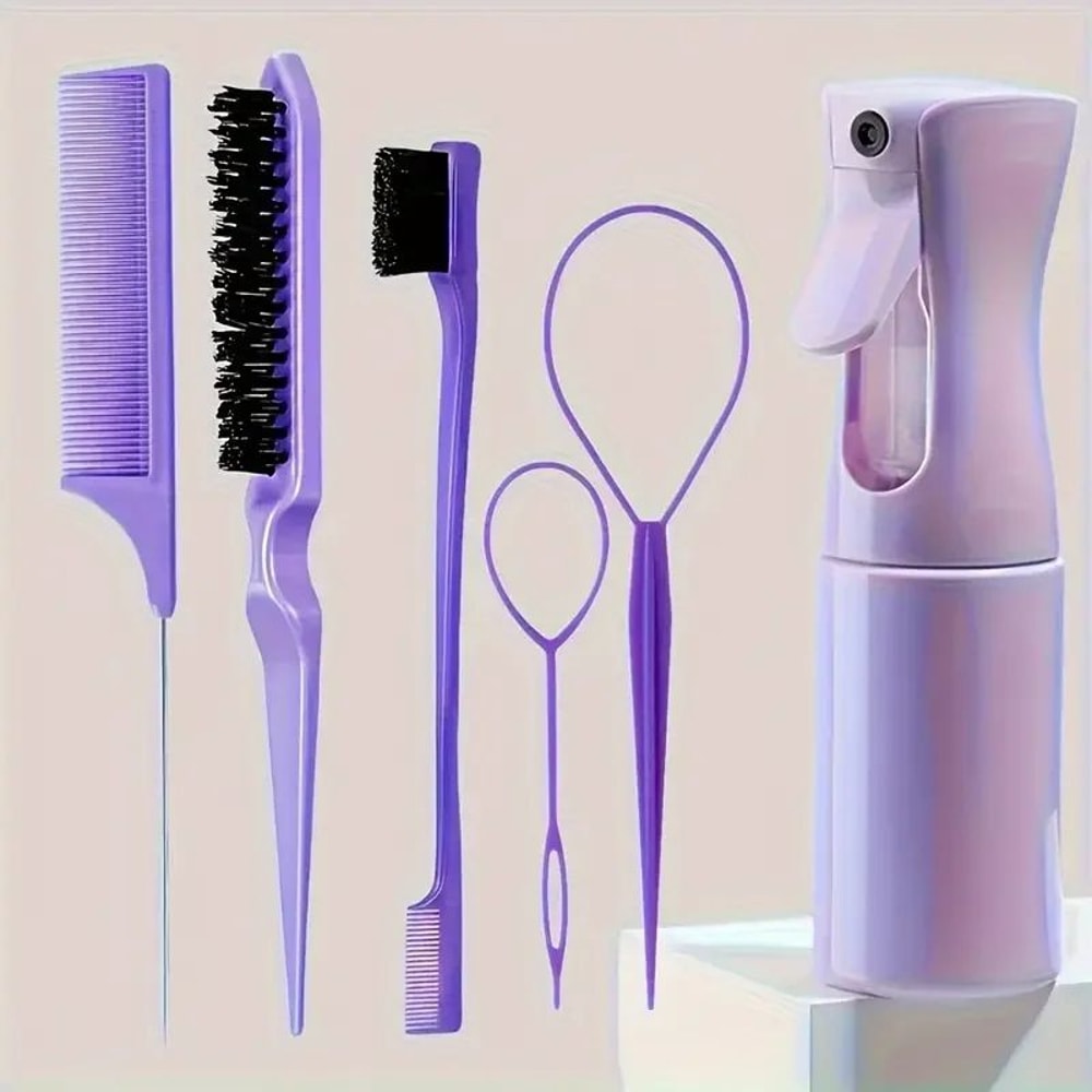 6Piece Hair Brush Set With Hair Spray Bottle Rat Tail Comb Edge Control Brush For Sleek Styling An 8