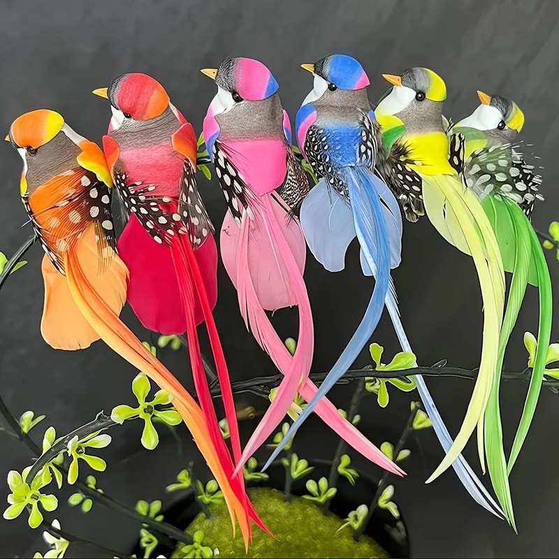 Vivid Feathered Artificial Bird Decorations 6Pack Colorful Garden Ornaments With Long Tails 2
