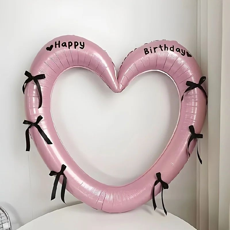 40Inch Hollow Heart Happy Birthday Balloon Set With Bow Foil Party Decor Photo Prop Kit 0