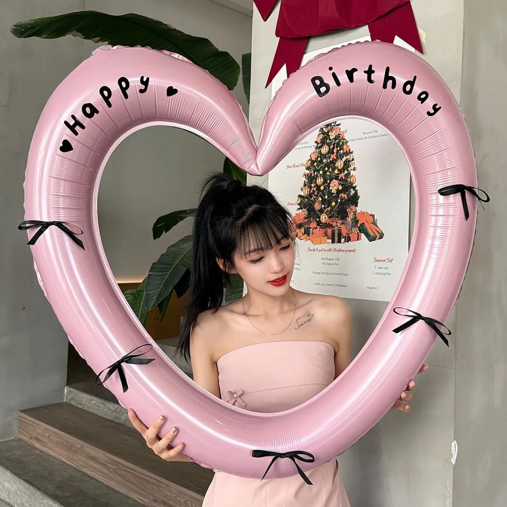 40Inch Hollow Heart Happy Birthday Balloon Set With Bow Foil Party Decor Photo Prop Kit 1