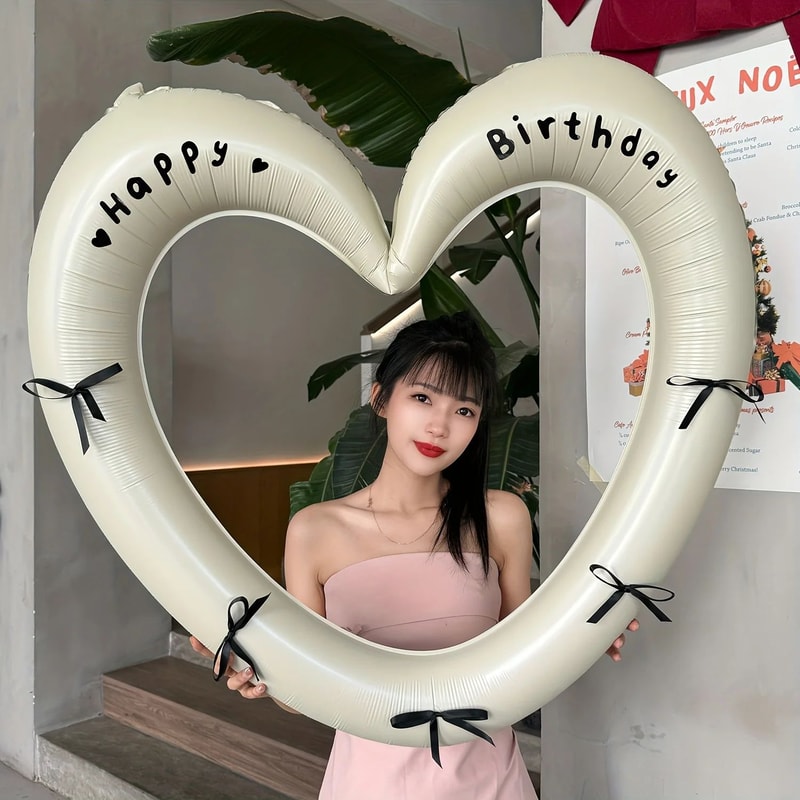 40Inch Hollow Heart Happy Birthday Balloon Set With Bow Foil Party Decor Photo Prop Kit 3