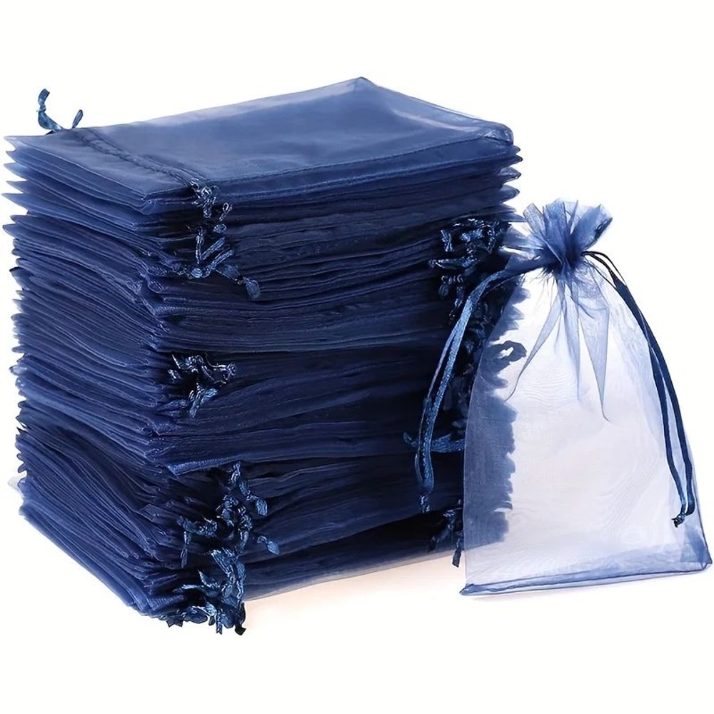 Navy Blue Organza Drawstring Gift Bags 50Pack Sheer Favor Pouches For Jewelry Treats 0