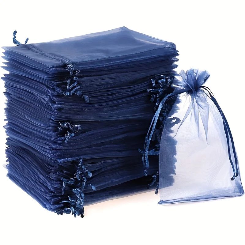 Navy Blue Organza Drawstring Gift Bags 50Pack Sheer Favor Pouches For Jewelry Treats 0