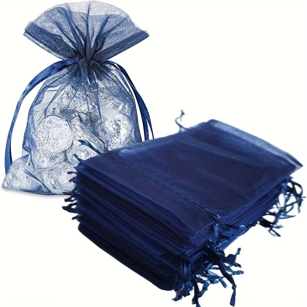 Navy Blue Organza Drawstring Gift Bags 50Pack Sheer Favor Pouches For Jewelry Treats 1
