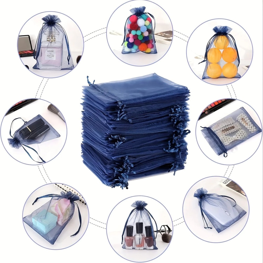Navy Blue Organza Drawstring Gift Bags 50Pack Sheer Favor Pouches For Jewelry Treats 2