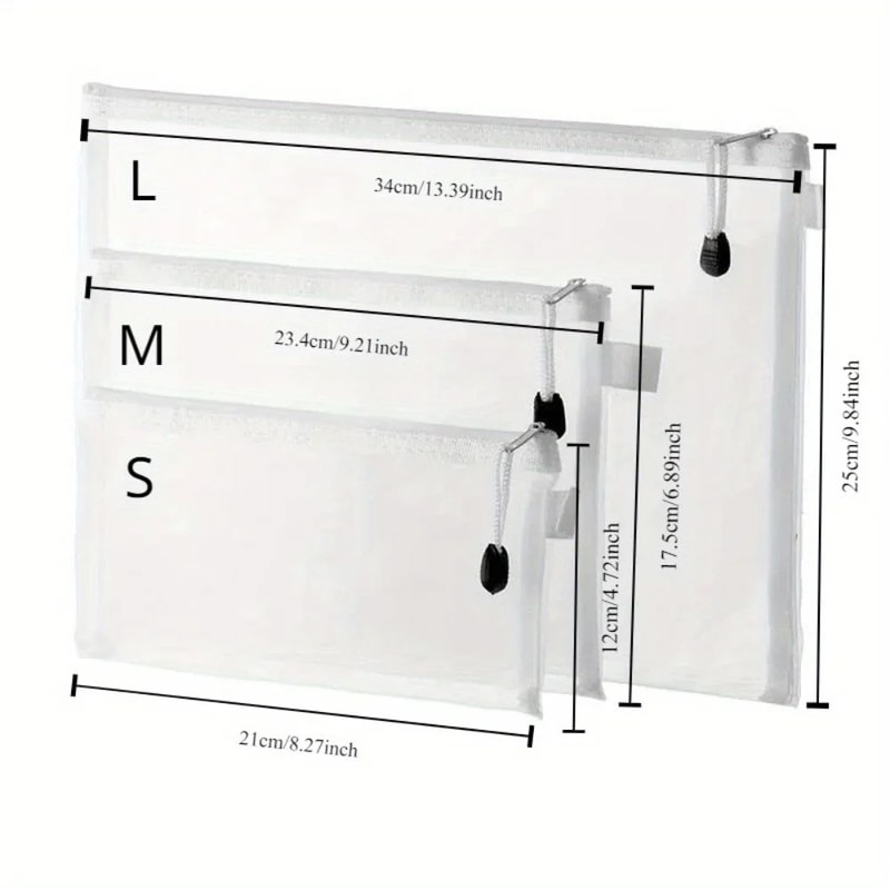 3Piece A6A5A4 Mesh Zipper Pouch Set Transparent Office Document Stationery Organizer 5