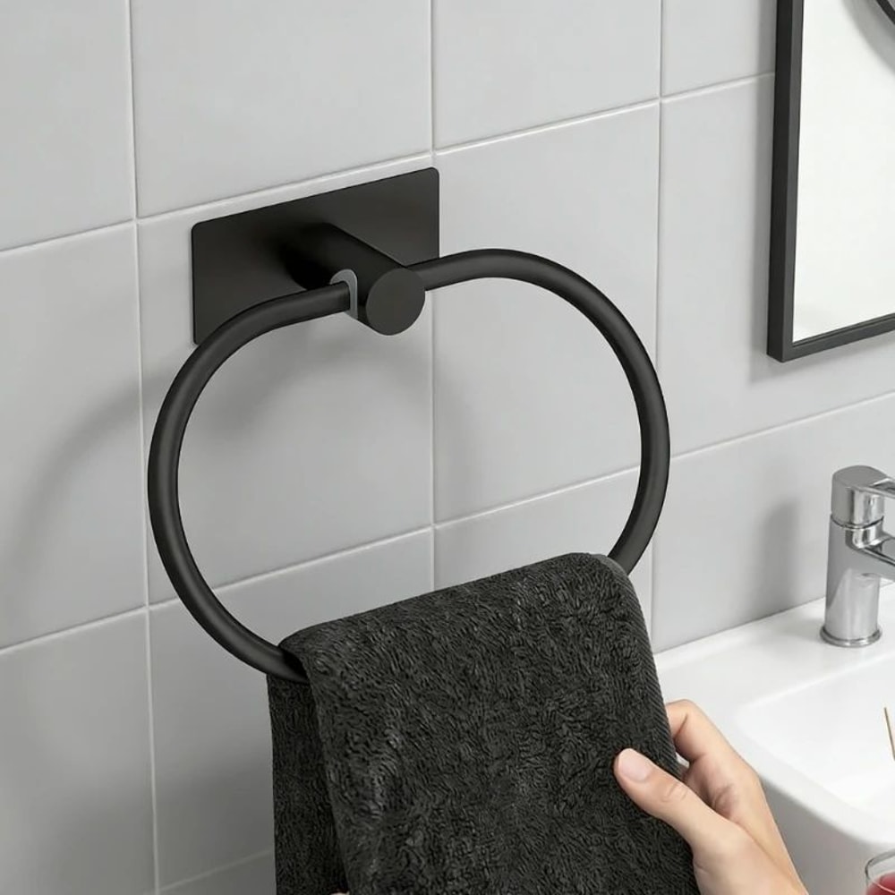 NoDrill Black Stainless Steel Towel Holder SelfAdhesive Towel Ring Bar For Bathroom And Kitchen 0