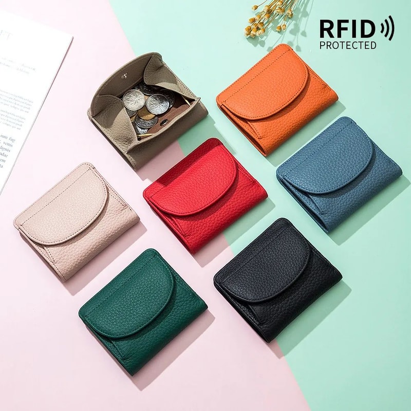 Genuine Leather Mini RFID Wallet For Women Slim Bifold Card Holder With Coin Pocket 5