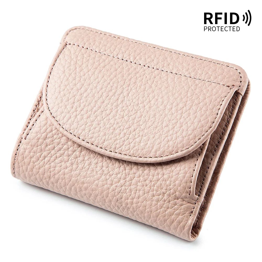 Genuine Leather Mini RFID Wallet For Women Slim Bifold Card Holder With Coin Pocket 12