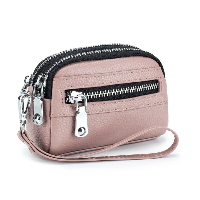 Genuine Leather DoubleZip Wristlet Wallet For Women Large Capacity Card Holder Coin Purse 10