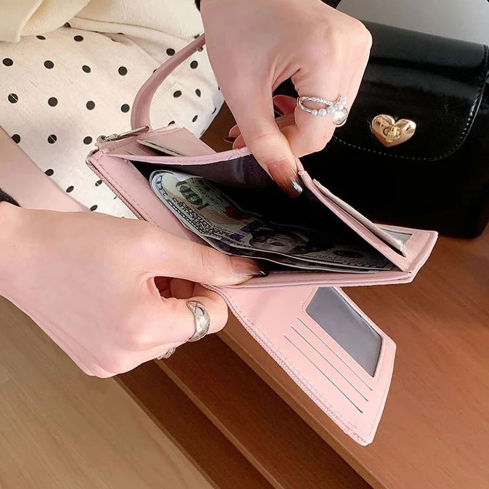 Everyday Compact Womens Wallet PU Leather Short Bifold With Zipper Coin Pocket Snap Closure 5