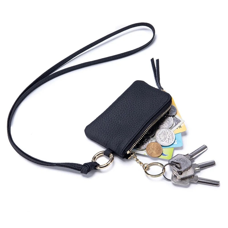 Genuine Leather Keychain Wallet Mini Card Holder With Zipper Coin Pouch 3