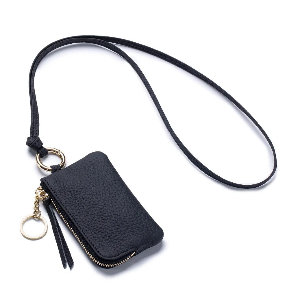 Genuine Leather Keychain Wallet Mini Card Holder With Zipper Coin Pouch 7