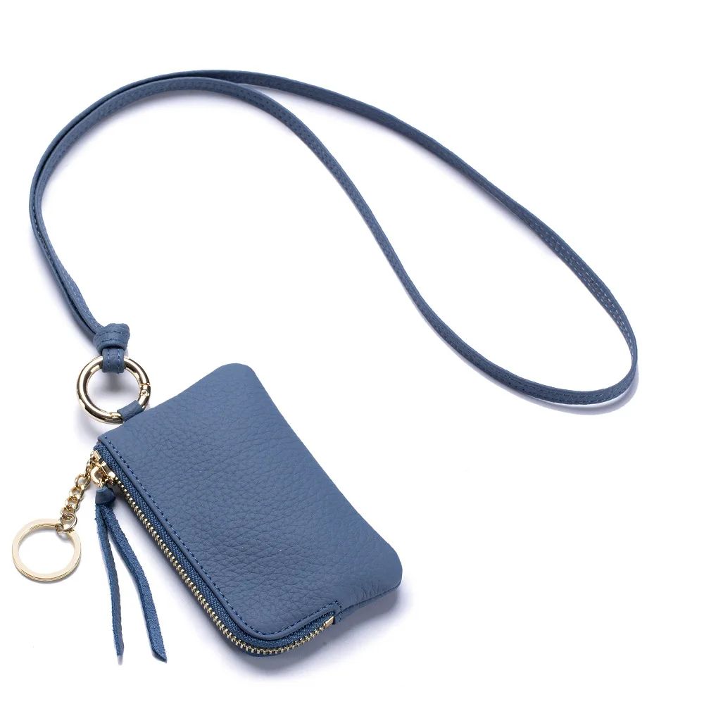 Genuine Leather Keychain Wallet Mini Card Holder With Zipper Coin Pouch 8