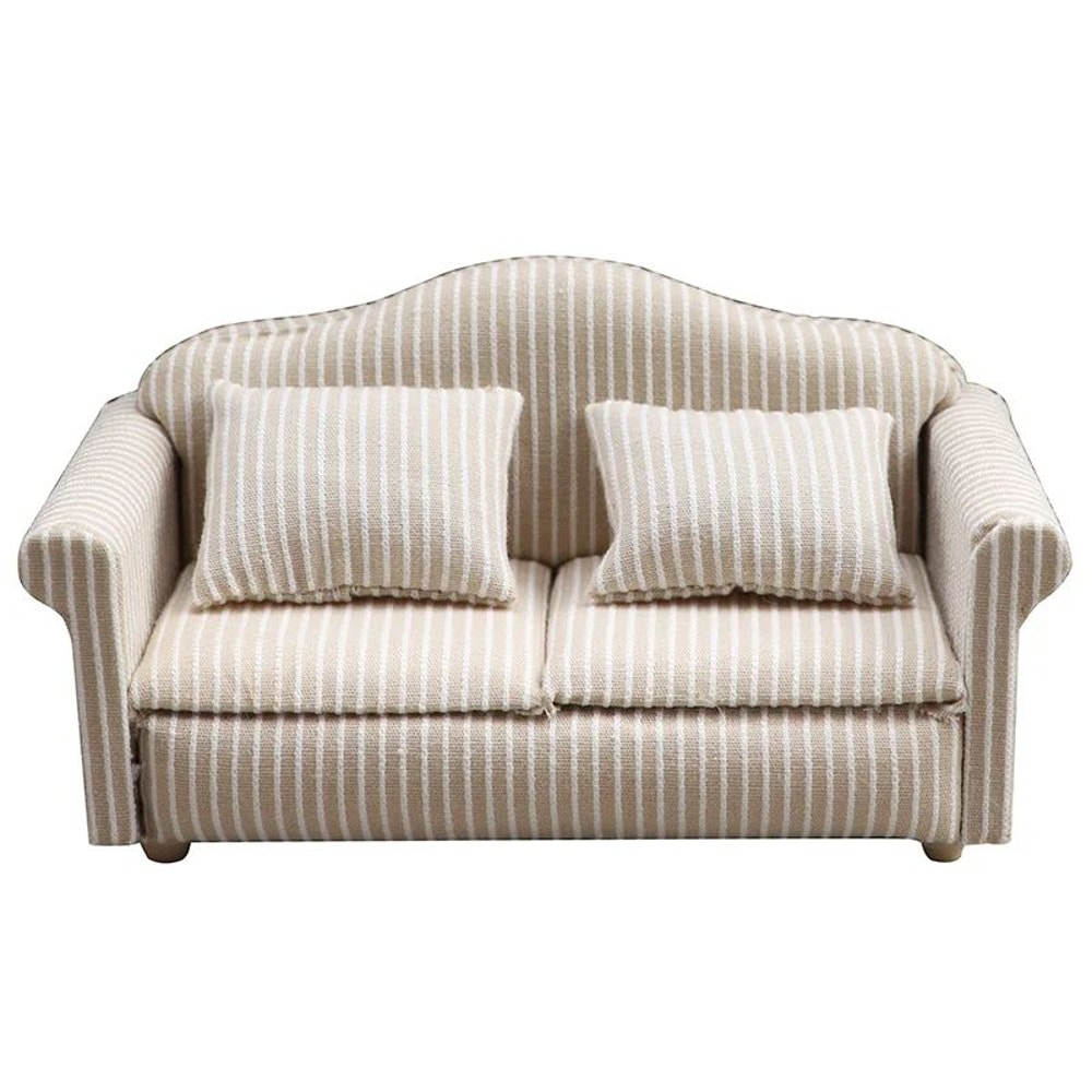 Cozy Neutral Dollhouse Mini Sofa Set With Pillows For Miniature Living Room Decor 7