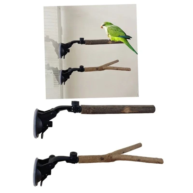 Suction Cup Window Bird Perch Stand Natural Wood Parrot Perch For Shower Travel Training 2