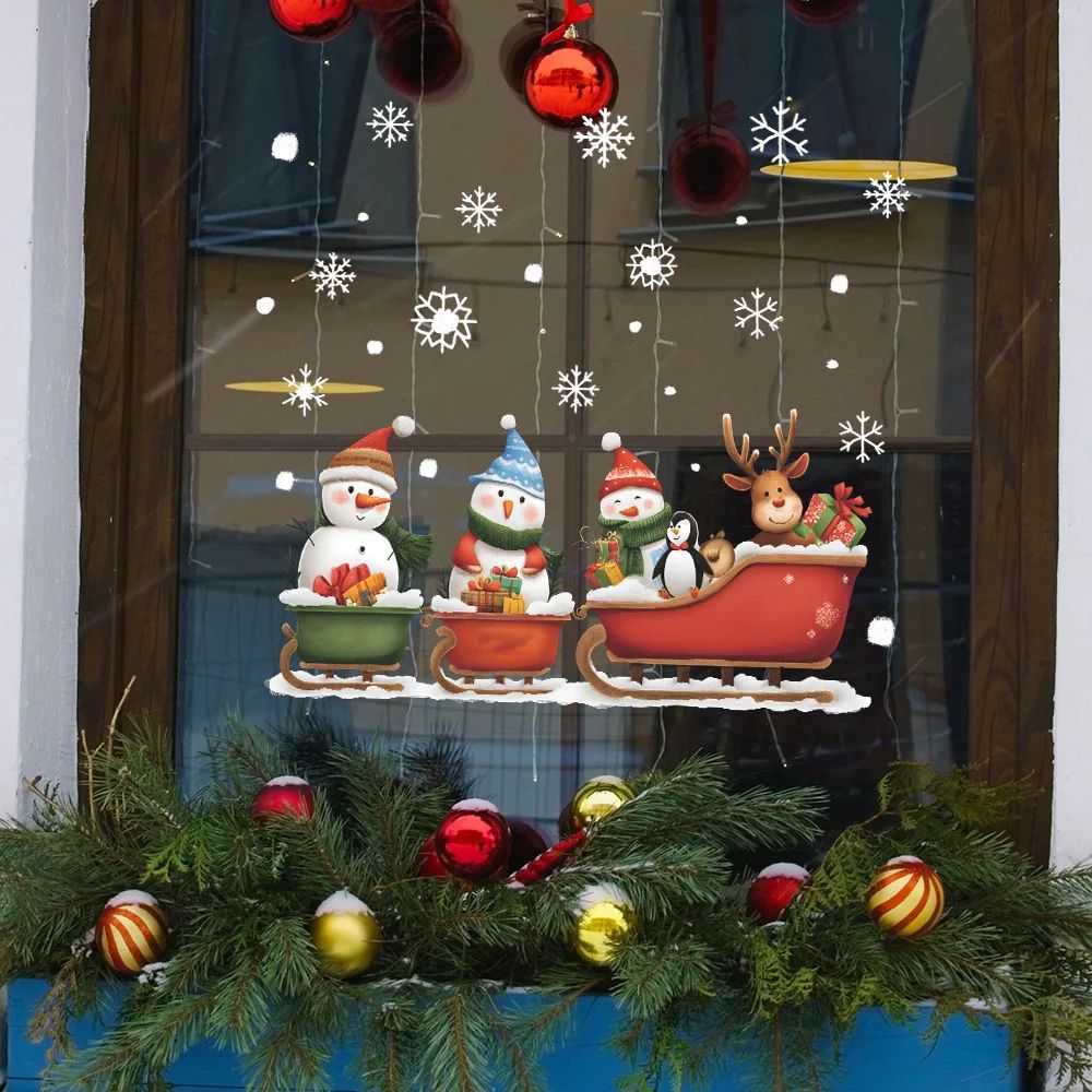 Festive Snowman Christmas Window Stickers Snowflake Wall Decals Holiday Window Decorations Set 1