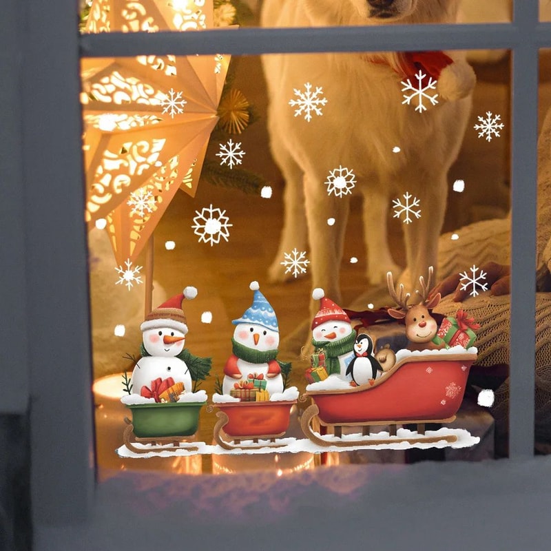 Festive Snowman Christmas Window Stickers Snowflake Wall Decals Holiday Window Decorations Set 2