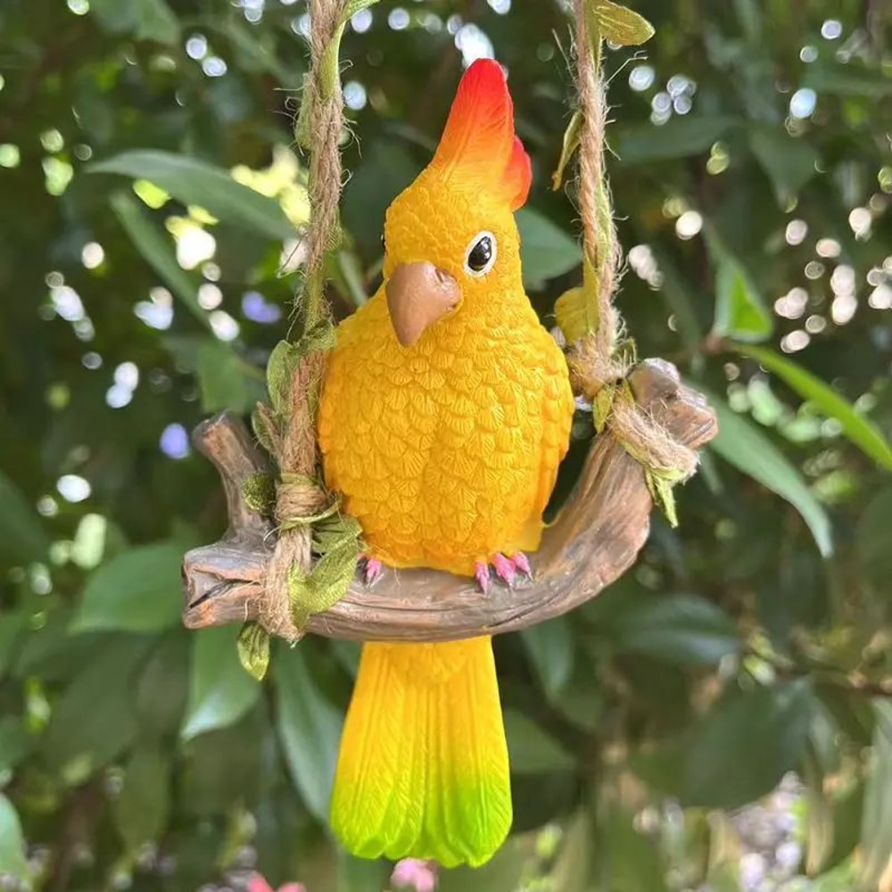Tropical Parrot Garden Hanging Statue Resin Outdoor Animal Decor With Wooden Swing 0