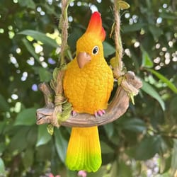 tropical parrot garden hanging statue – resin outdoor animal decor with wooden swing