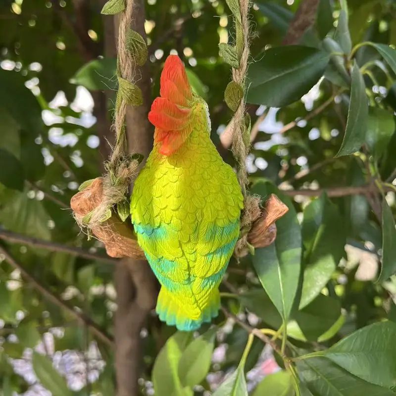 Tropical Parrot Garden Hanging Statue Resin Outdoor Animal Decor With Wooden Swing 2