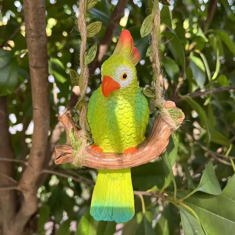Tropical Parrot Garden Hanging Statue Resin Outdoor Animal Decor With Wooden Swing 3