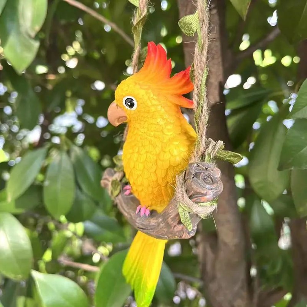 Tropical Parrot Garden Hanging Statue Resin Outdoor Animal Decor With Wooden Swing 5