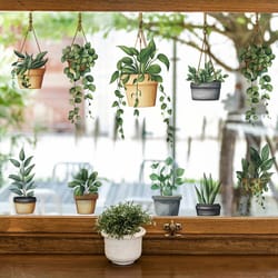hanging potted plant window clings set - reusable removable window stickers for fresh, botanical decor