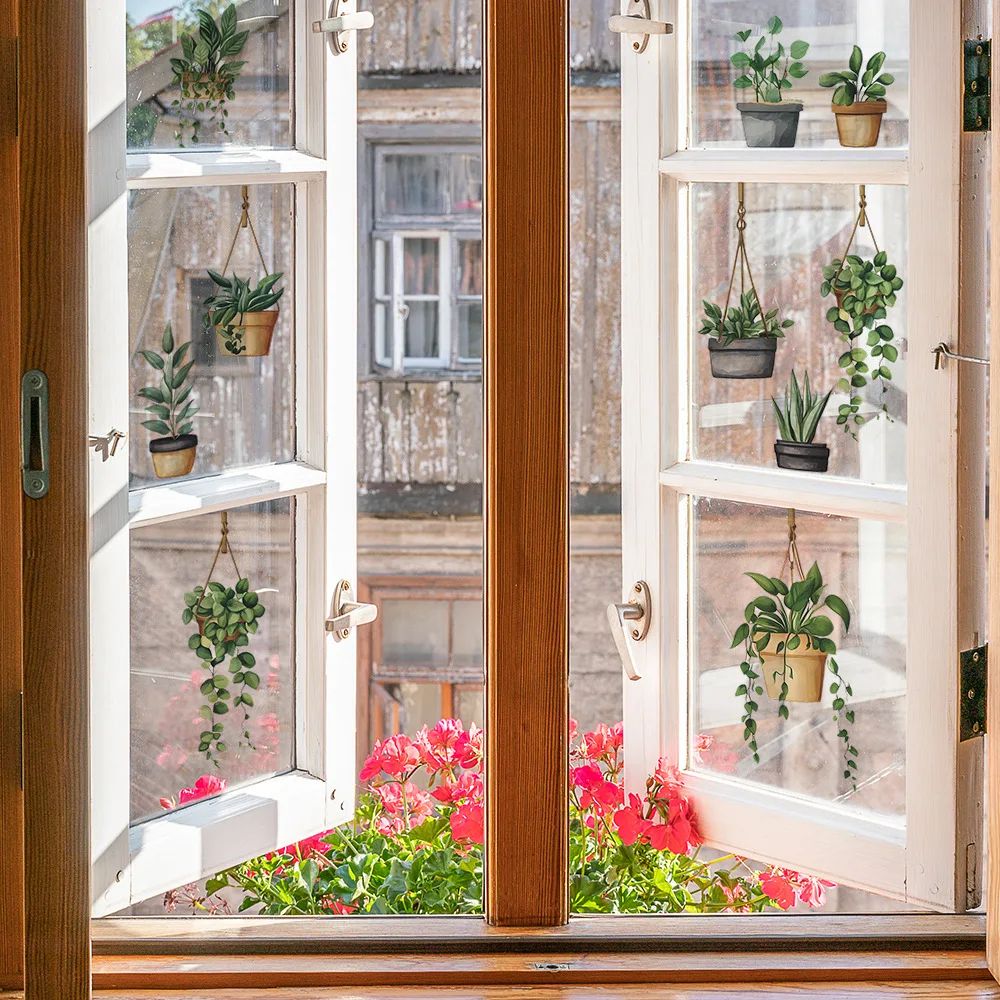 Hanging Potted Plant Window Clings Set Reusable Removable Window Stickers For Fresh Botanical Deco 1