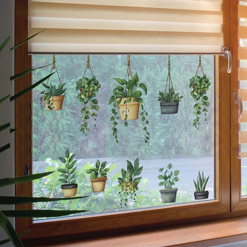 Hanging Potted Plant Window Clings Set Reusable Removable Window Stickers For Fresh Botanical Deco 2