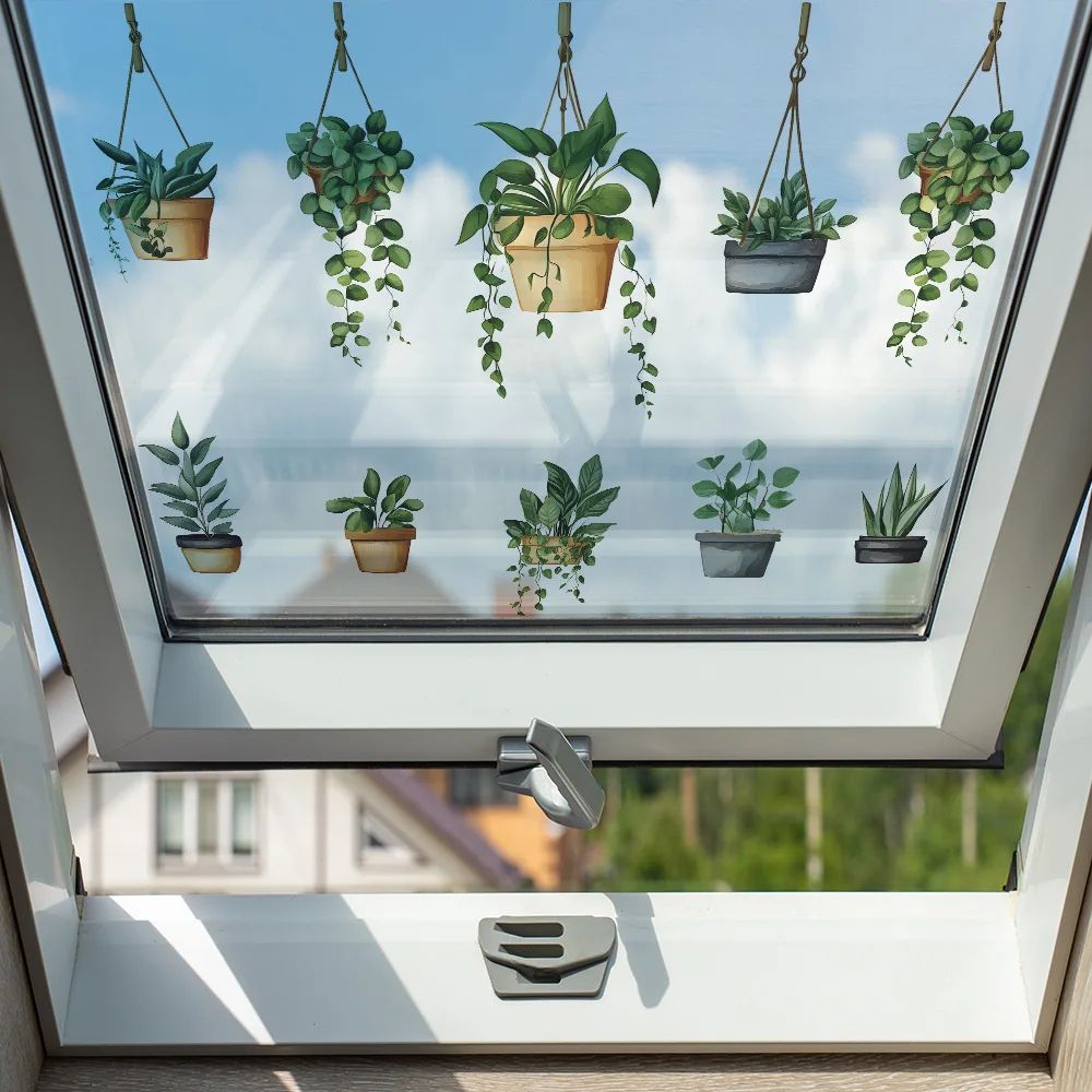 Hanging Potted Plant Window Clings Set Reusable Removable Window Stickers For Fresh Botanical Deco 3