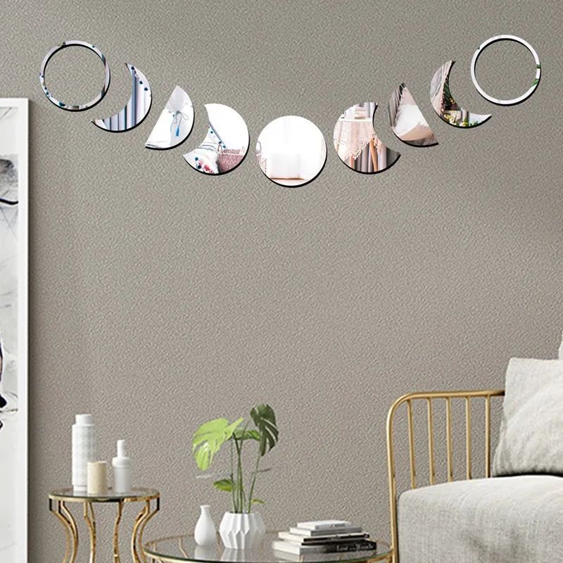 Moon Phase Mirror Wall Stickers Set 9Piece Acrylic Mirror Decals 4