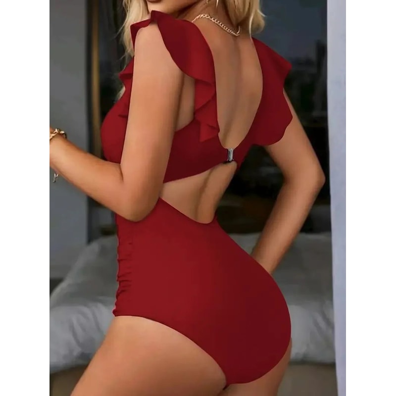 Sculpt Shine Mesh OnePiece Swimsuit Backless VNeck Tummy Control HighCut Swimwear 3