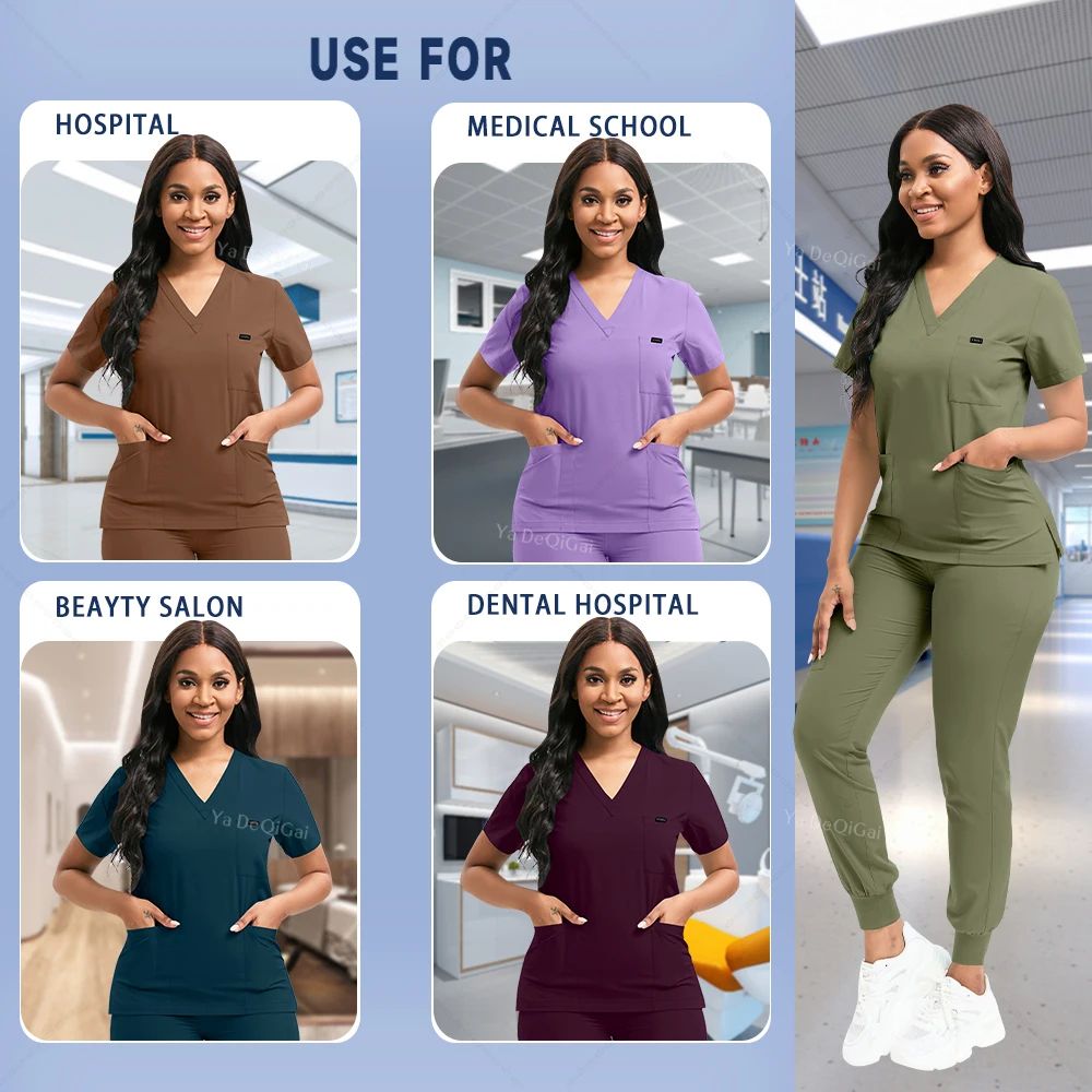 Stretch Nursing Scrubs Set For Women Breathable Medical Scrubs Top Jogger Pants 2