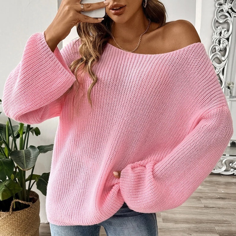 Chic Womens Off Shoulder Sweater With Flare Sleeves Loose Knit Pullover Top 0
