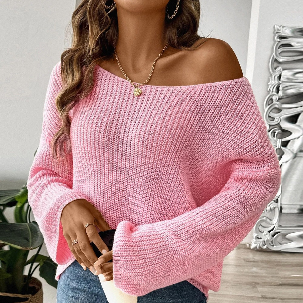 Chic Womens Off Shoulder Sweater With Flare Sleeves Loose Knit Pullover Top 4