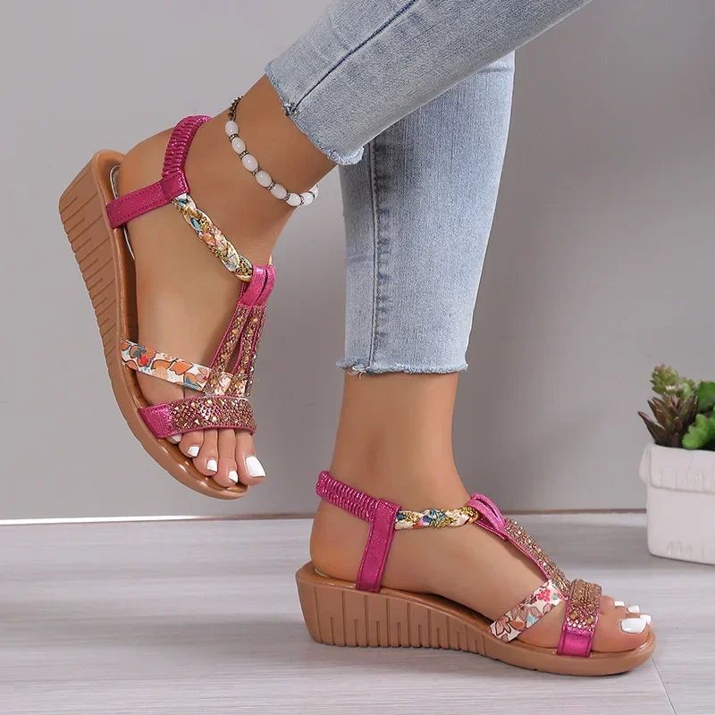 Bohemian Rhinestone Wedge Sandals For Women Summer Platform Peep Toe Comfort Shoes 19