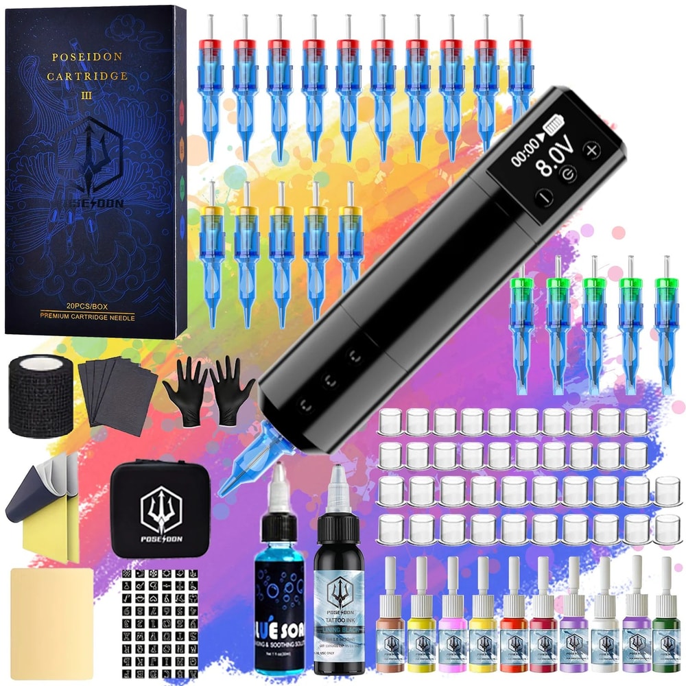POSEIDON New Memory Wireless Tattoo Pen Tattoo Machine Kit With Cordless Power Supply 1