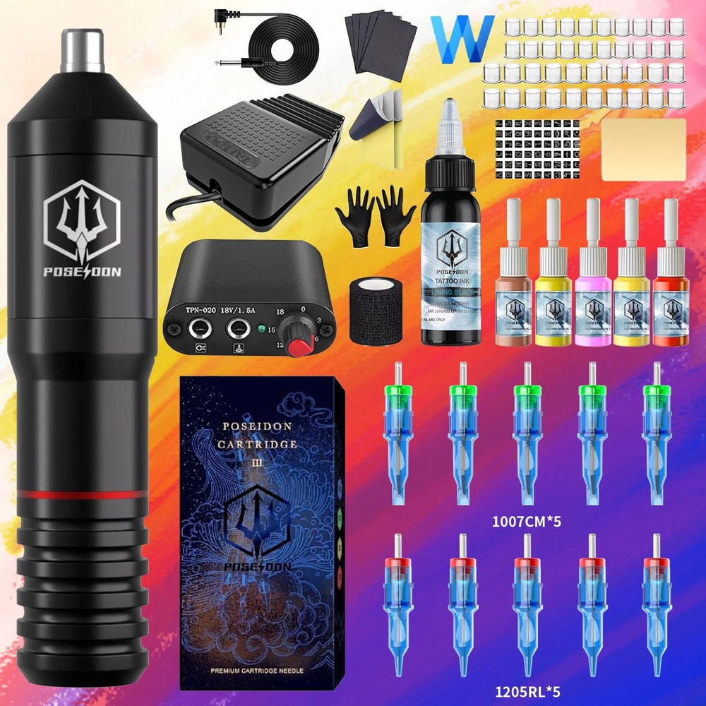 POSEIDON New Memory Wireless Tattoo Pen Tattoo Machine Kit With Cordless Power Supply 8