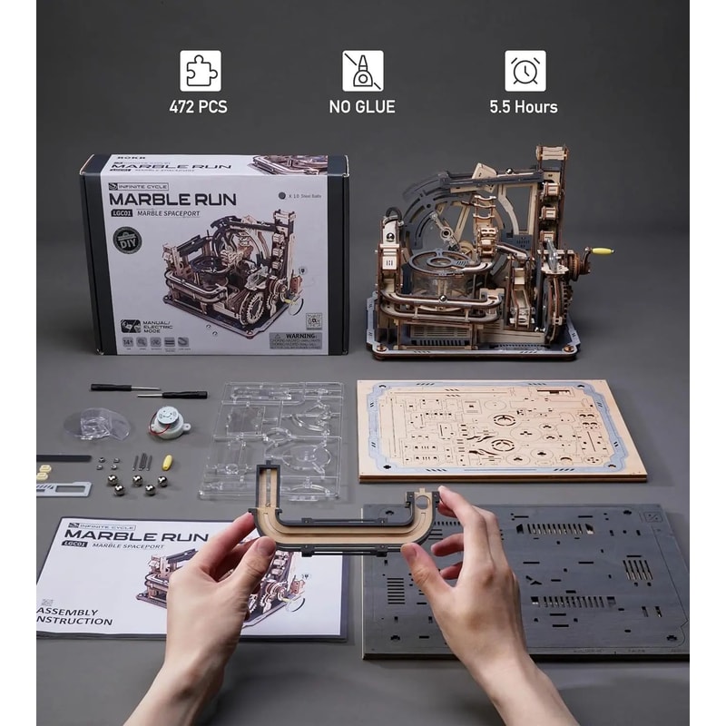 ROKR Motorized Marble Spaceport 3D Wooden Puzzle Marble Run Model Kit STEM Building Toy 5