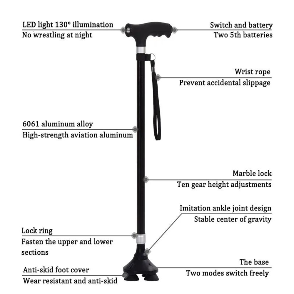Premium Retractable Adjustable Walking Cane With LED Light For Seniors Elders 1