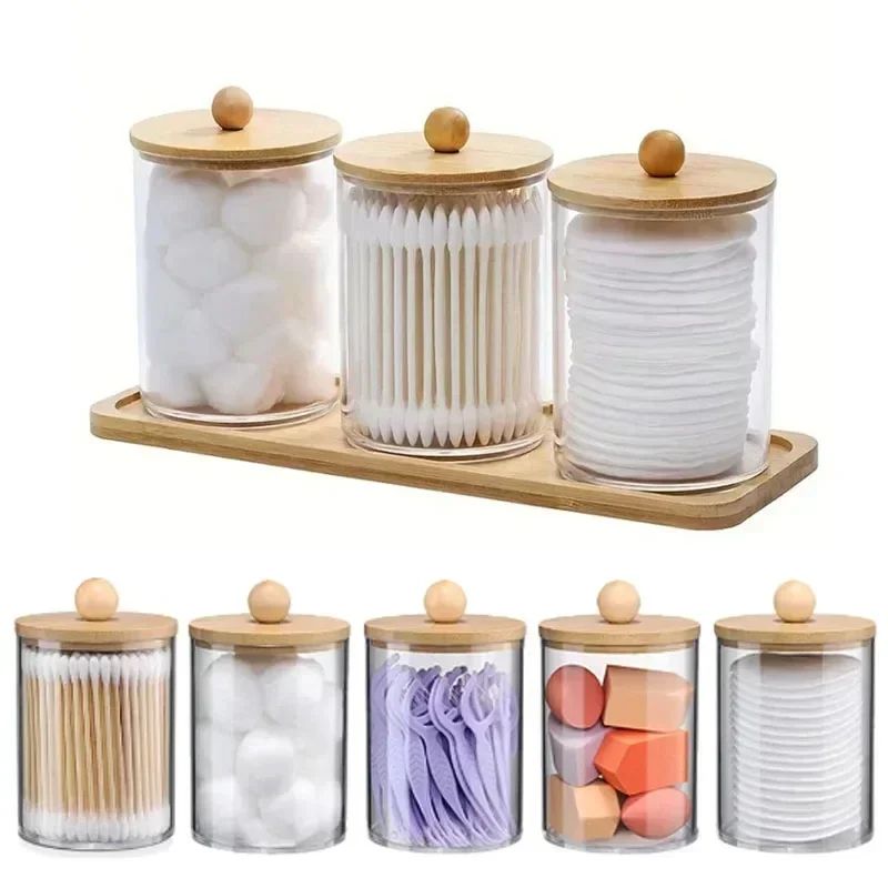 Premium Acrylic Desktop Storage Canister Clear Organizer Jars Cotton Rounds Holder Set 0