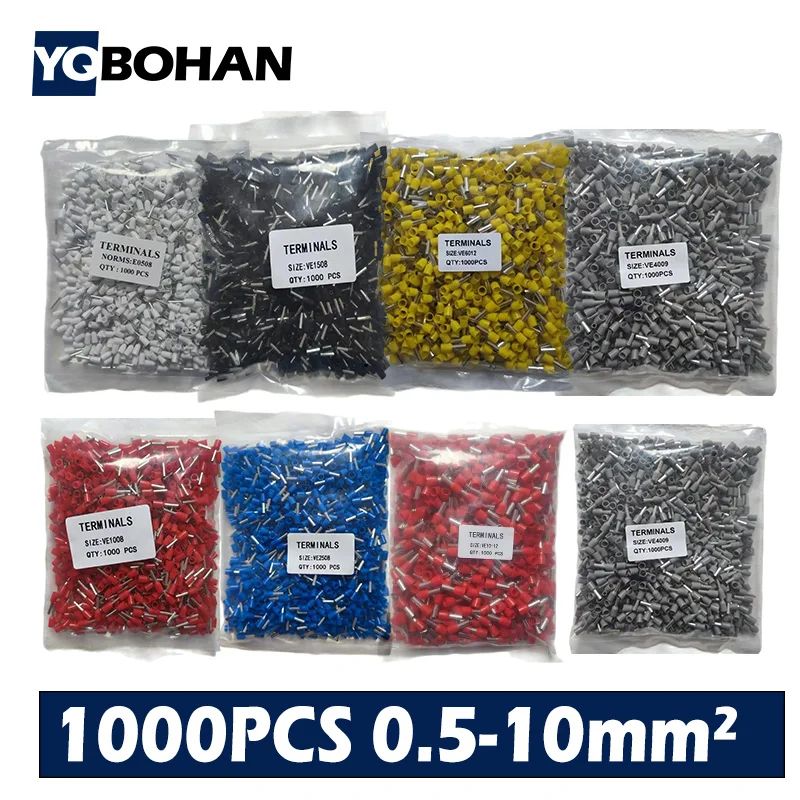 1000pcs Insulated Wire Ferrules Assortment E0508E2508 Cord End Terminals Wire Ferrule Kit 0
