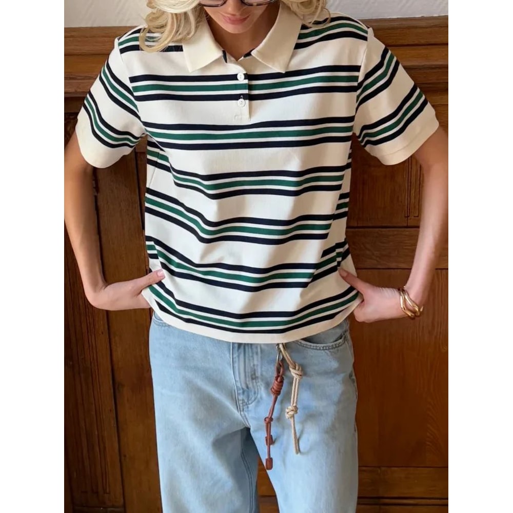 Hirsionsan Womens Cotton Polo Neck T Shirt Casual Loose Crop Top Summer Tee 2